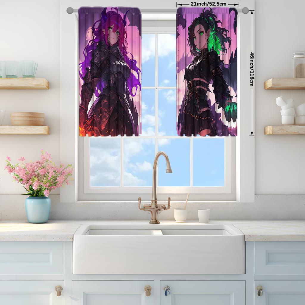 2 adet Anime Karakter Resimli Baskılı Perde Ev Dekorasyonu için - Çubuk Geçmeli Yatak Odası, Ofis, Mutfak için Pencere Perdesi