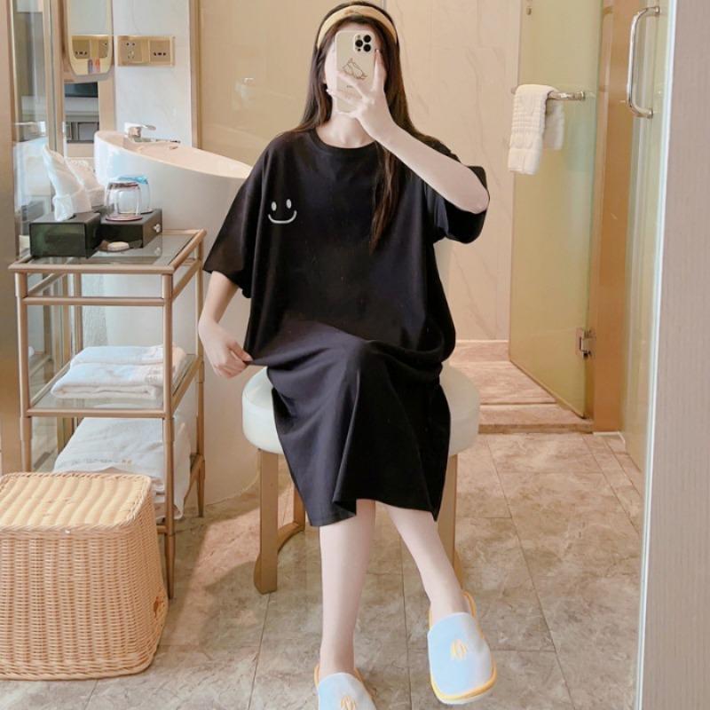 Women's Short-sleeved T-shirt Slit Dress Summer Mid-length Over The Knee Casual Dress Large Size Meat Mask Smiling Face Dress