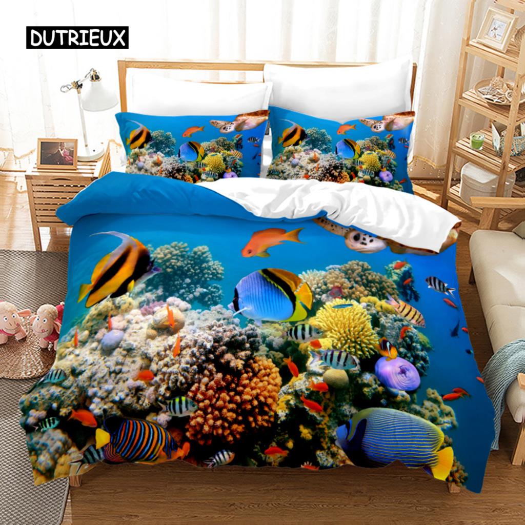 Ocean Duvet Cover Set Polyester Underwater World Clownfish Shark Quilt Cover Sea Animal Theme Double Queen King Size Bedding Set