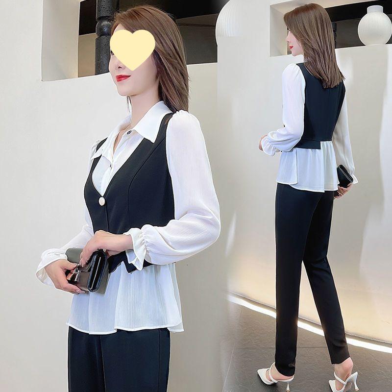 2025 Spring/Autumn Women's Long Sleeve Fake Two-Piece Blouse with Vest and Turn-Down Collar