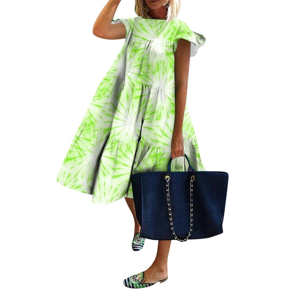 Women's Round Neck Casual Short Sleeve Ruffle-Trim Summer  Dresses