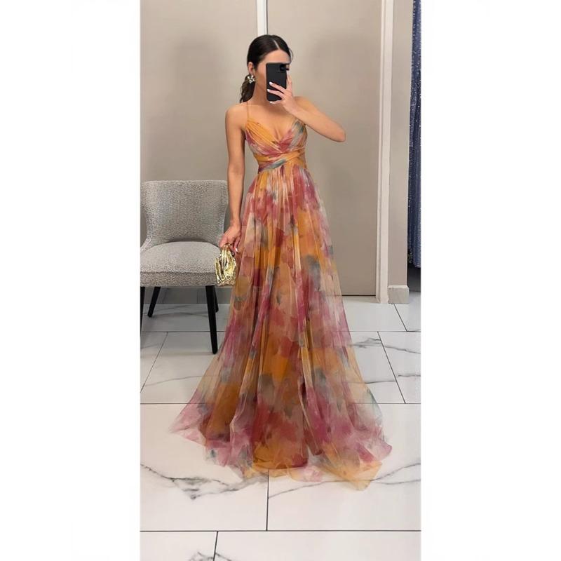 Spring and Summer New Mesh Printing Suspender Dress, Vacation Casual Party Dress