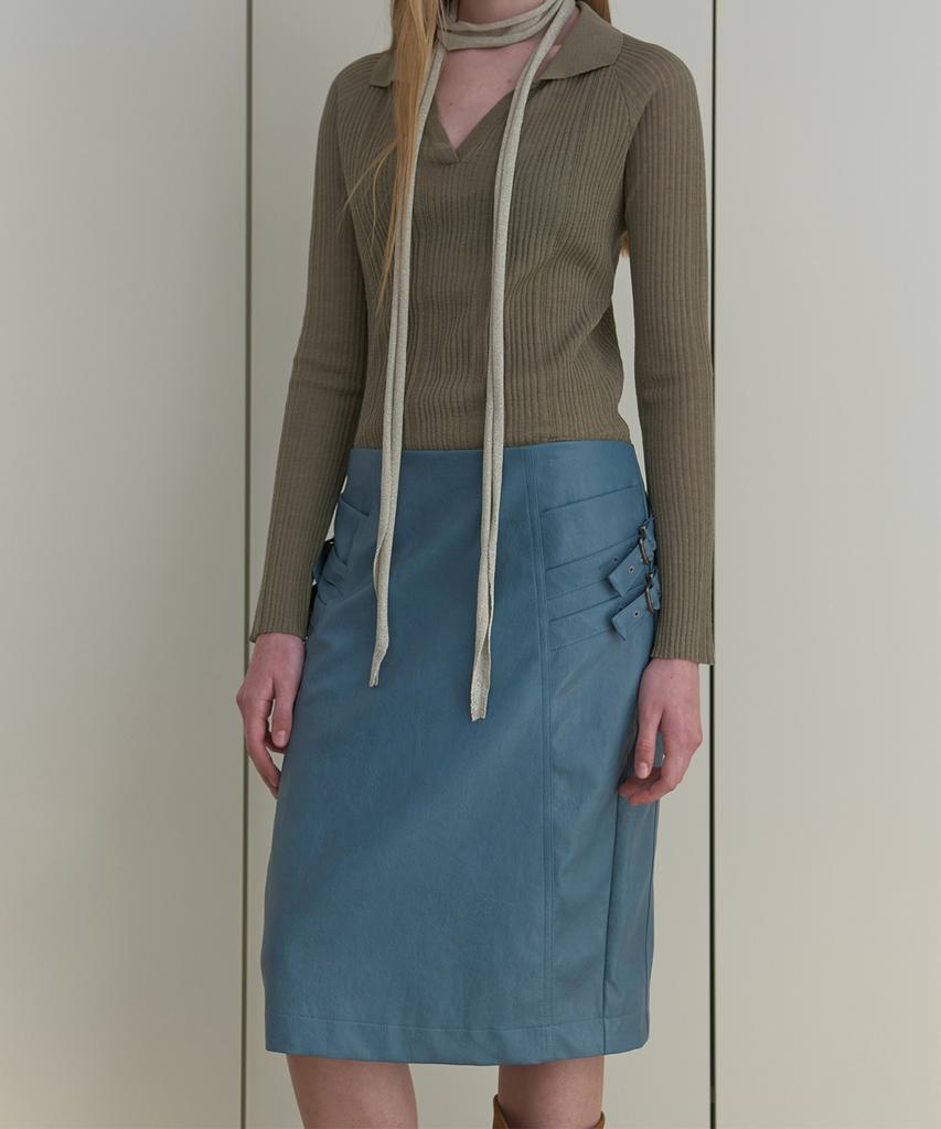 Majone Buckle Leather Skirt_Blue