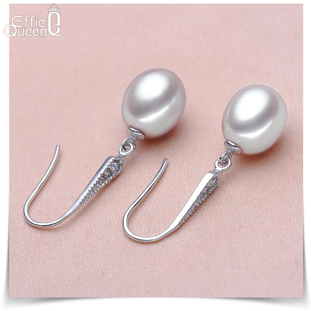 Effie Queen 925 Pure Silver Oval Freshwater Pearl Dangle Earrings WithZirconia Fine Jewelry for Women Banquet Party Gift GPE01