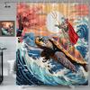 Funny Cat Shower Curtain Asian Theme Nautical Cat Riding Turtle In Great Waves Anime Japanese Ukiyo-E Style Creative Ocean