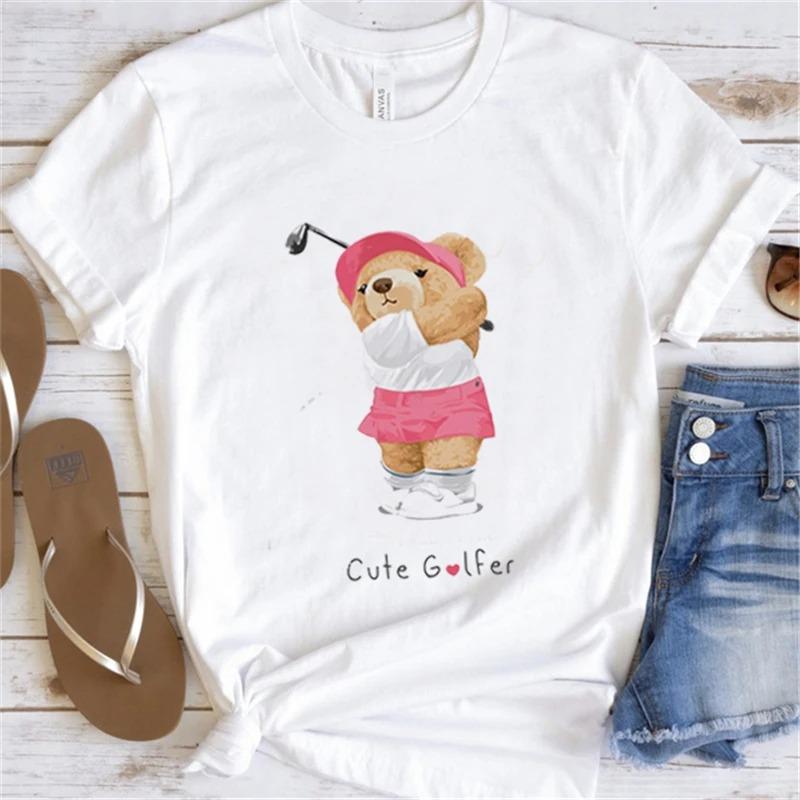 Cute Little Bear Print TShirt Summer Trend White Short Sleeve Neck Casual Sports Aesthetic Clothes Womens Graphic T Shirts