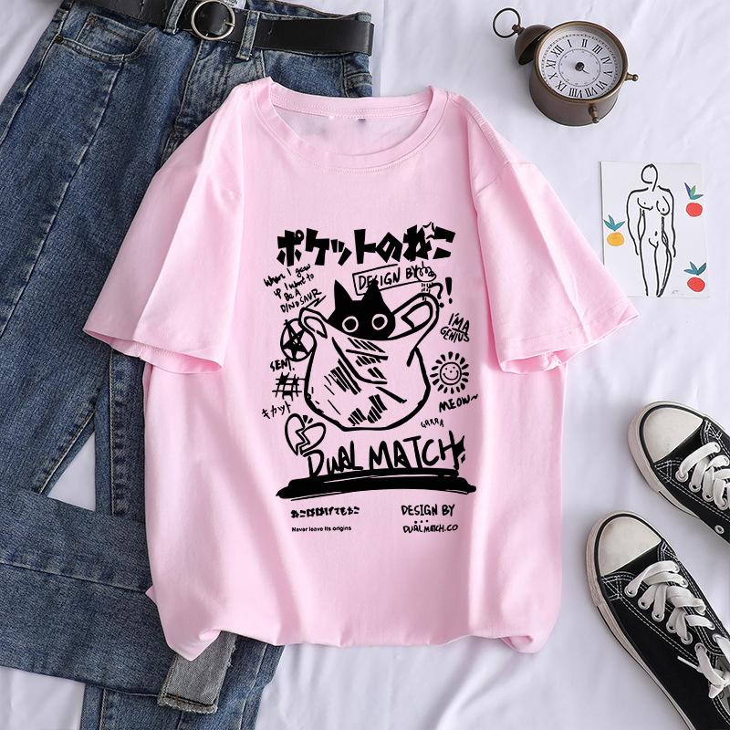New Men Women Cartoon T-Shirts Harajuku Kawaii Cat Printed Short Sleeve Tees Couple Streetwear Clothes Y2K Tops Graphic T Shirts