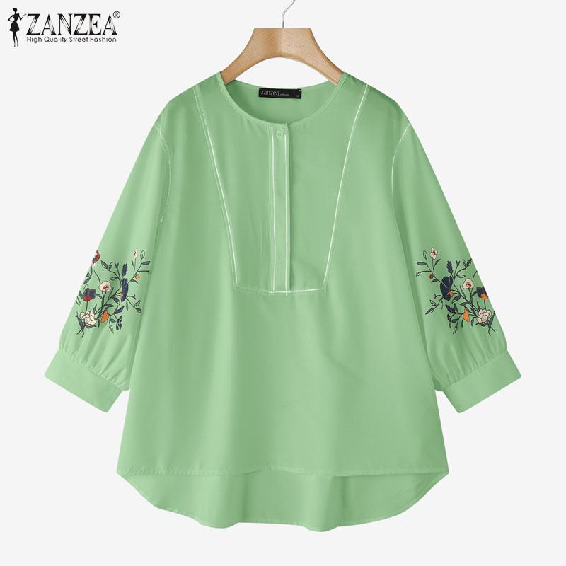 ZANZEA Women Casual Round Neck 3/4 Sleeve Loose Print Blouse