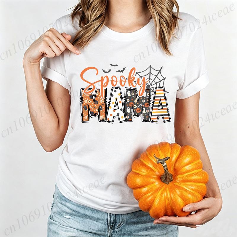 Spooky Mama Halloween Graphic Shirts Women's Casual T-Shirts Spider Web Bat Design Perfect for Halloween Casual Wear Mama Gifts