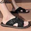 Men's Slippers Leather Flats Men Summer Non-Slip Casual Straight Slippers Unique Leather Half Drag Outdoor Walking Shoes