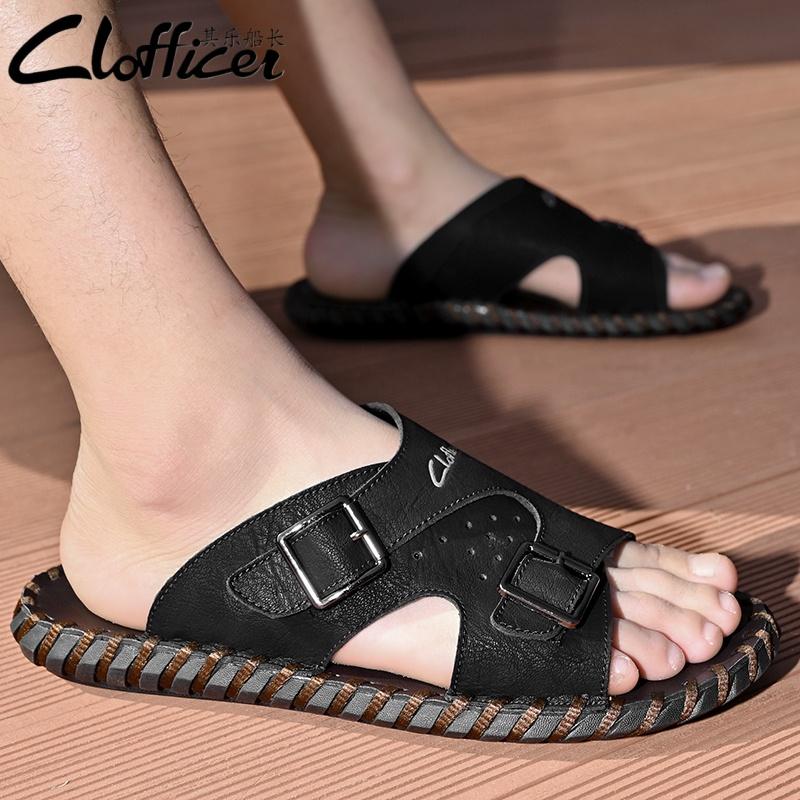 Men's Slippers Leather Flats Men Summer Non-Slip Casual Straight Slippers Unique Leather Half Drag Outdoor Walking Shoes