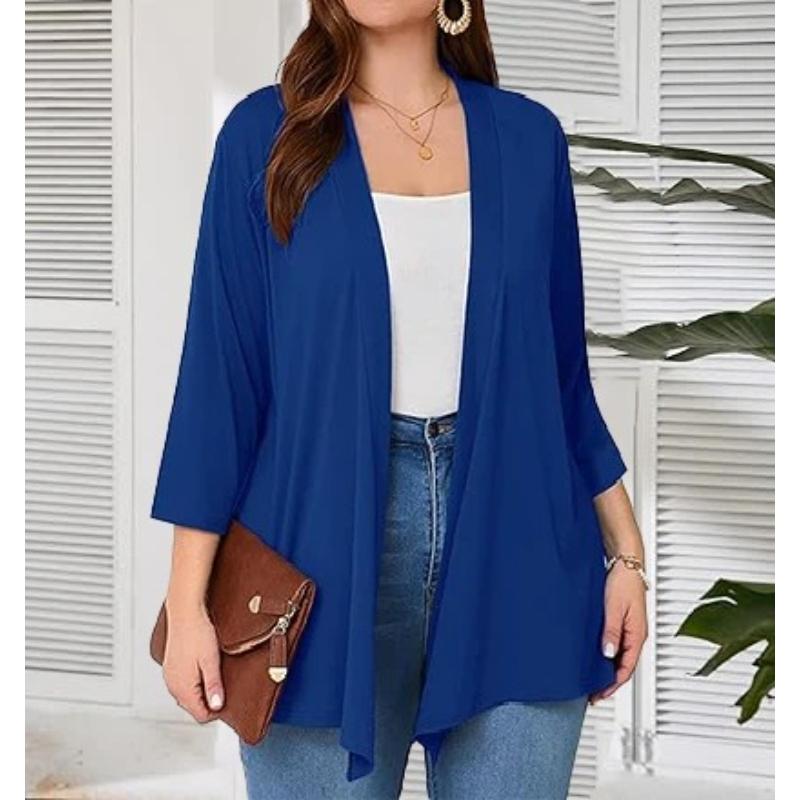 Cardigan Femme Grande Taille Manches 3/4 Léger et Fin Ouverture Devant Style Châle Tricoté Haut Décontracté Doux et Fluide
