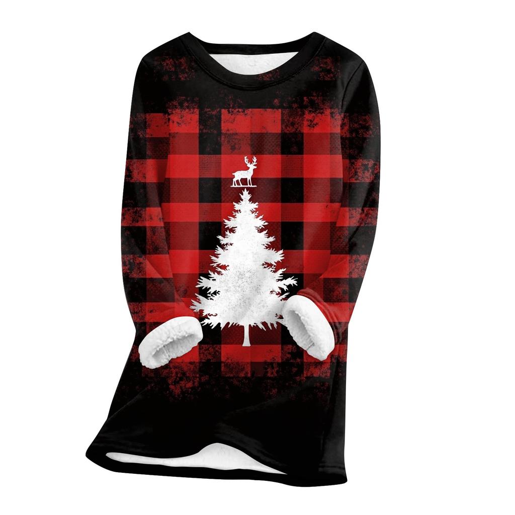 Women's Round Neck Top Printing Thickened Plush Cashmere Warm Long Top