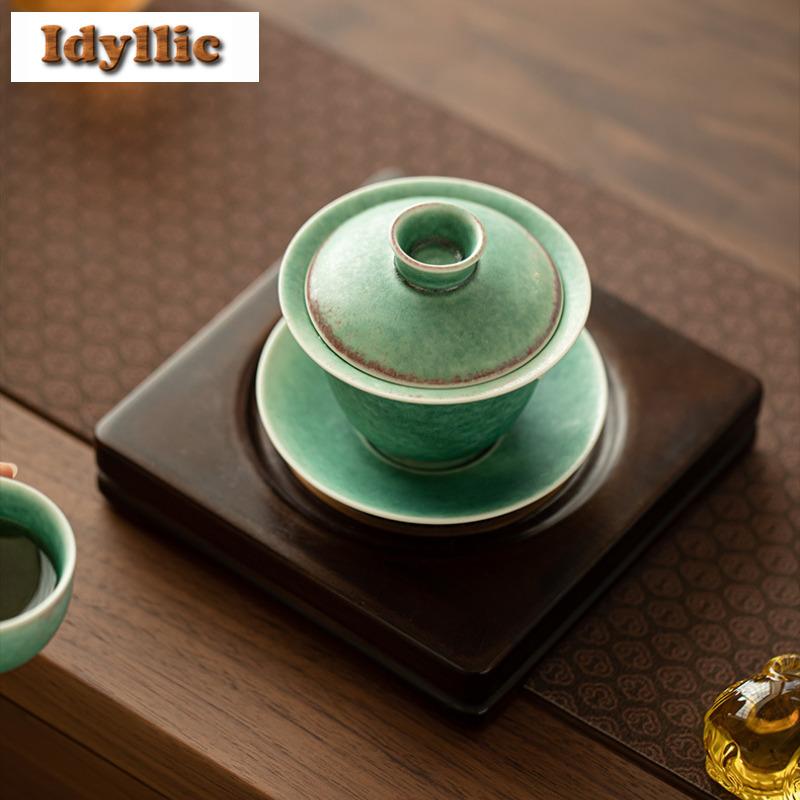 125ml Kiln Fambe Crystalline Glaze Silver Inlaying Gaiwan Antique Tea Tureen Tea Bowl With Lid Kit Tea Brewing Cover Bowl Cha