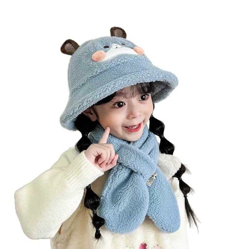 Children's Hat Scarf Two-piece Set Winter Girl Cute Rabbit Warm Basin Hat Boy Baby Winter Bucket Hat