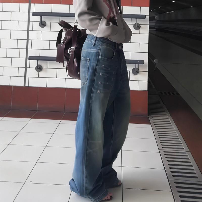 Personalized Street American Retro High-waist Washed Jeans Autumn Trend Rivet Design Wide-leg Trousers Trend