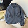 Korean Spring Casual Plaid Blue Women's Cropped Waist-Cinching Long Sleeve Shirt