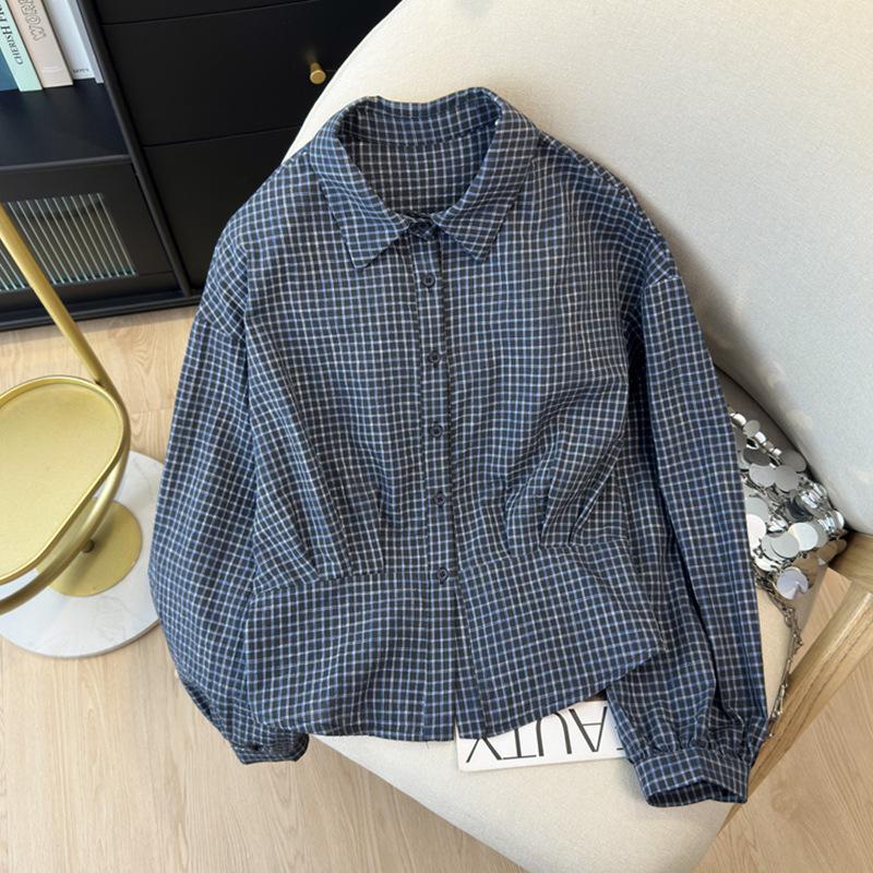 Korean Spring Casual Plaid Blue Women's Cropped Waist-Cinching Long Sleeve Shirt