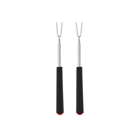 2Pcs Retractable BBQ Fork with V-Shaped Prongs Non-Slip Handle Stainless Steel Grilling Fork Portable Outdoor Cooking Tool for Camping Picnic Party