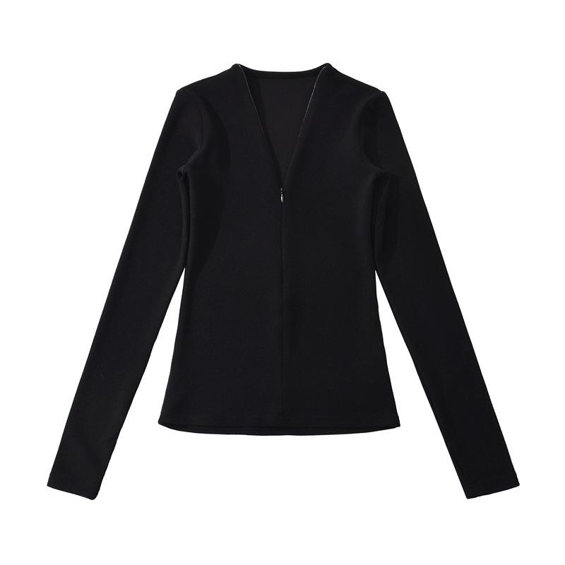 Chic French V-Neck Zipper Long Sleeve Slim Fit T-Shirt for Women, Autumn/Winter High-End Style.