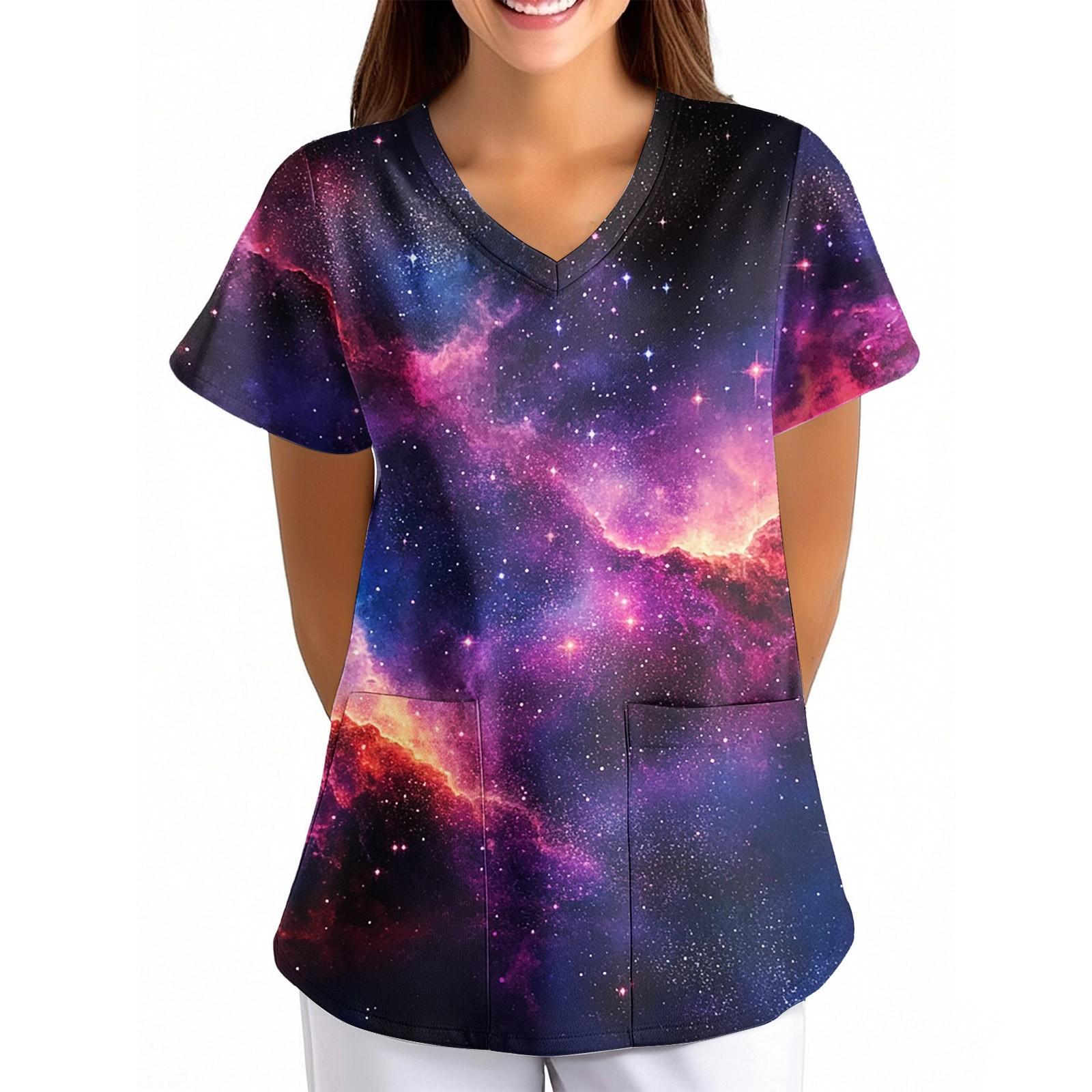 

Женская Свободная Униформа с V-образным вырезом, карманом и короткими рукавами, с принтом «Небо» S