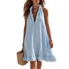 European and American style neck V-neck dress, front zipper ruffle edge loose and thin skirt