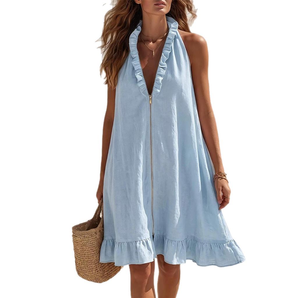 European and American style neck V-neck dress, front zipper ruffle edge loose and thin skirt