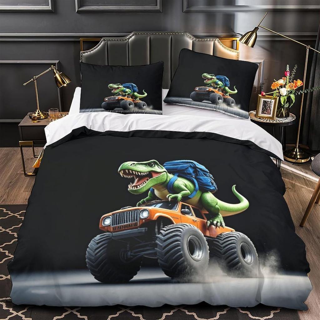 Dinosaurier Monster Truck Bettbezug, Monster Trucks 3D Cartoon Bettdeckenbezug, Comic-Stil Doppelbettwäsche-Set mit Kissenbezügen