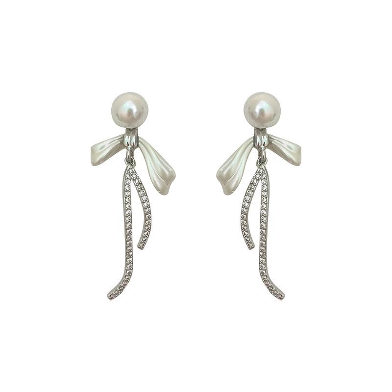 S925 Silver Bow Tassel Earrings with Sparkling Diamonds