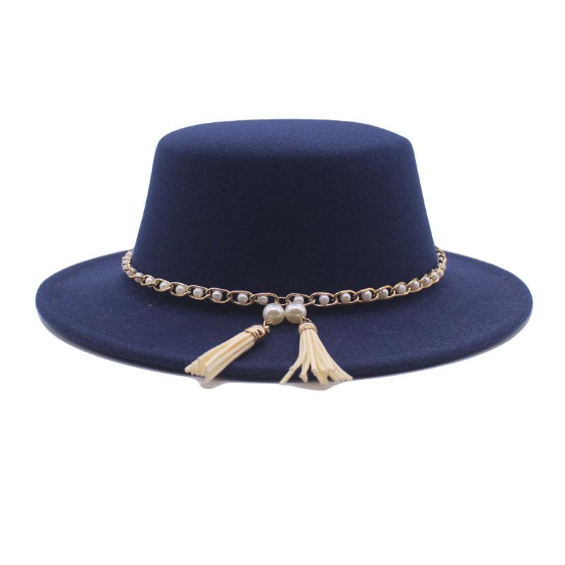 European, American and British Style Retro Fringed Pearl Chain Woolen Felt Hat Wide Brim Top Hat Flat Top Lady Hat Trendy Girl