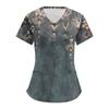 Women's Retro Floral  Printed Short Sleeve V-neck Tops Working Pocket Blouse