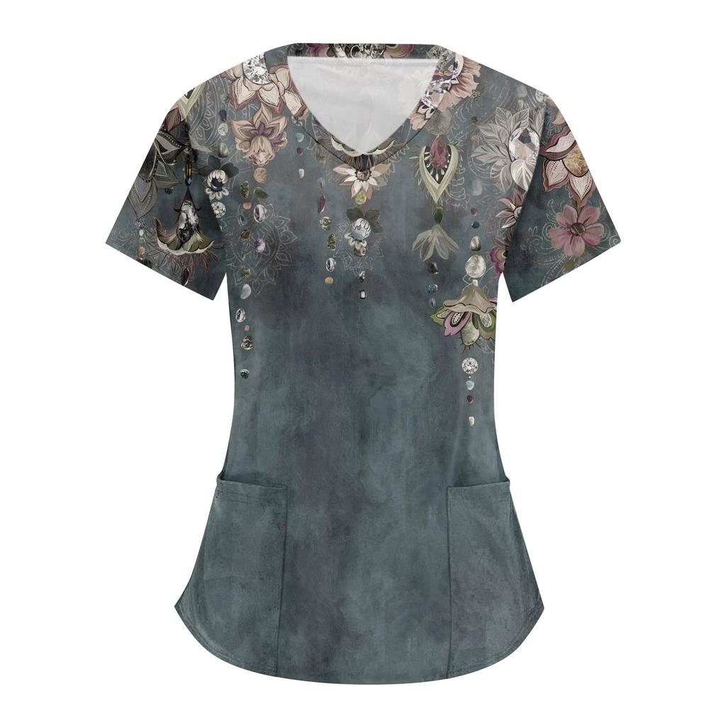 Dámská retro funkční kapesní halenka s krátkým rukávem a výstřihem do V s květinovým potiskem