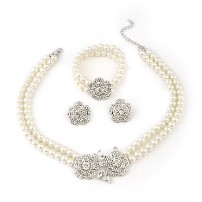 Elegant Pearl Rhinestone Earring Bracelet Necklace Set Evening Gown Wedding Formal Occasion Fashion Jewelry