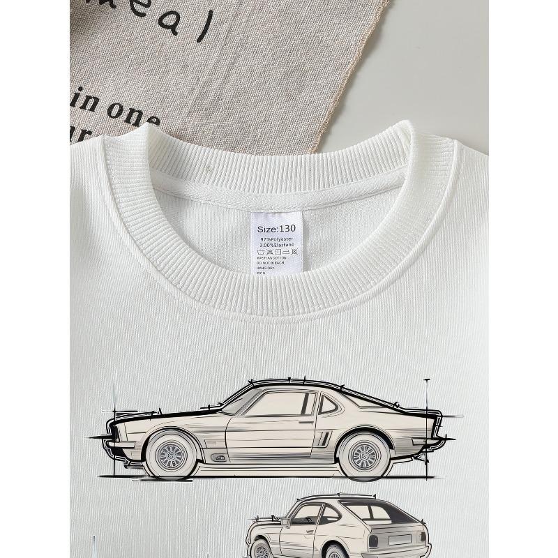 European sizes Classic Muscle Car Blueprint Girls' Crew Neck Fashion Sweatshirt, Autumn Winter Western Top, Long Sleeved Casual.