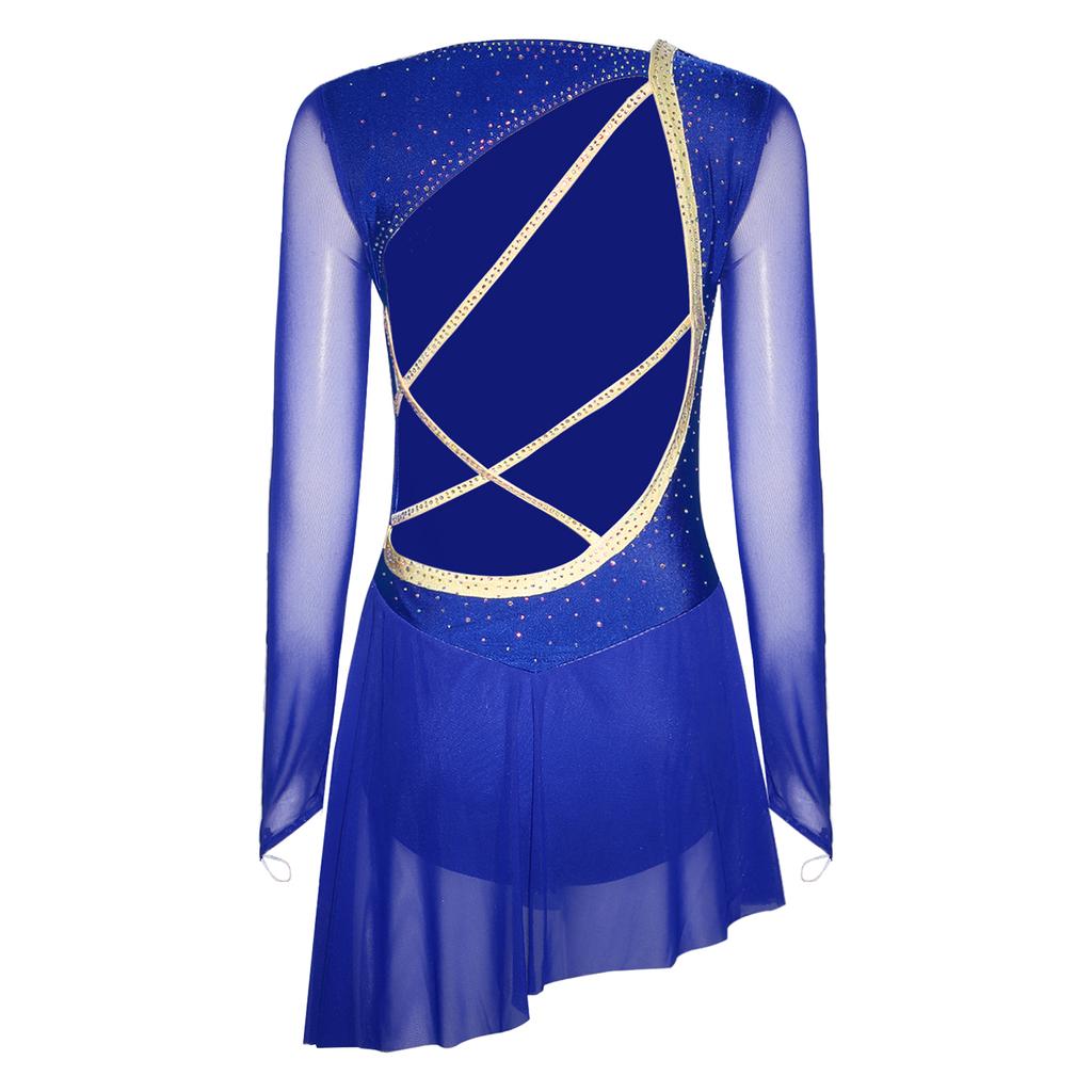 Women's Performance Dancewear - Sheer Mesh Long Sleeve Backless Dress with Rhinestones for Lyrical & Skating