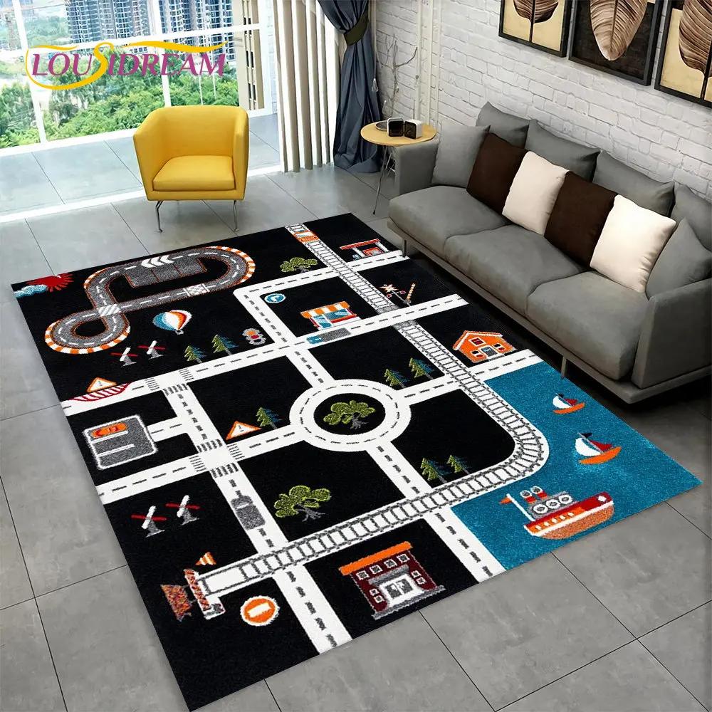 Highway City Traffic Cartoon Area Rug,Carpet Rug for Living Room Playroom Children's Bedroom Decor,Kid Game Non-slip Floor Mat