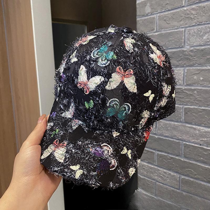 New Summer Printed Butterfly Baseball Cap for Women Elegant Sunshade Breathable and Fashionable Outdoor Furry Duck Tongue Sun Hat