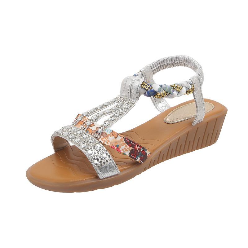 Women's Plus Size Peep Toe Rhinestone Flats, Casual Summer Sandals