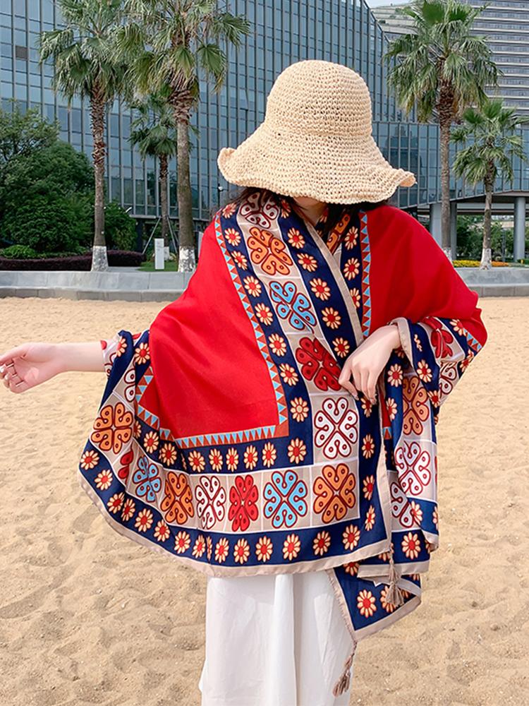 New Summer Elegant Women Silk Scarf Beach Long Wrap Shawl Vintage Red Print Sunscreen Bandana Hijab Mujer Bohemian Scarve Pareo