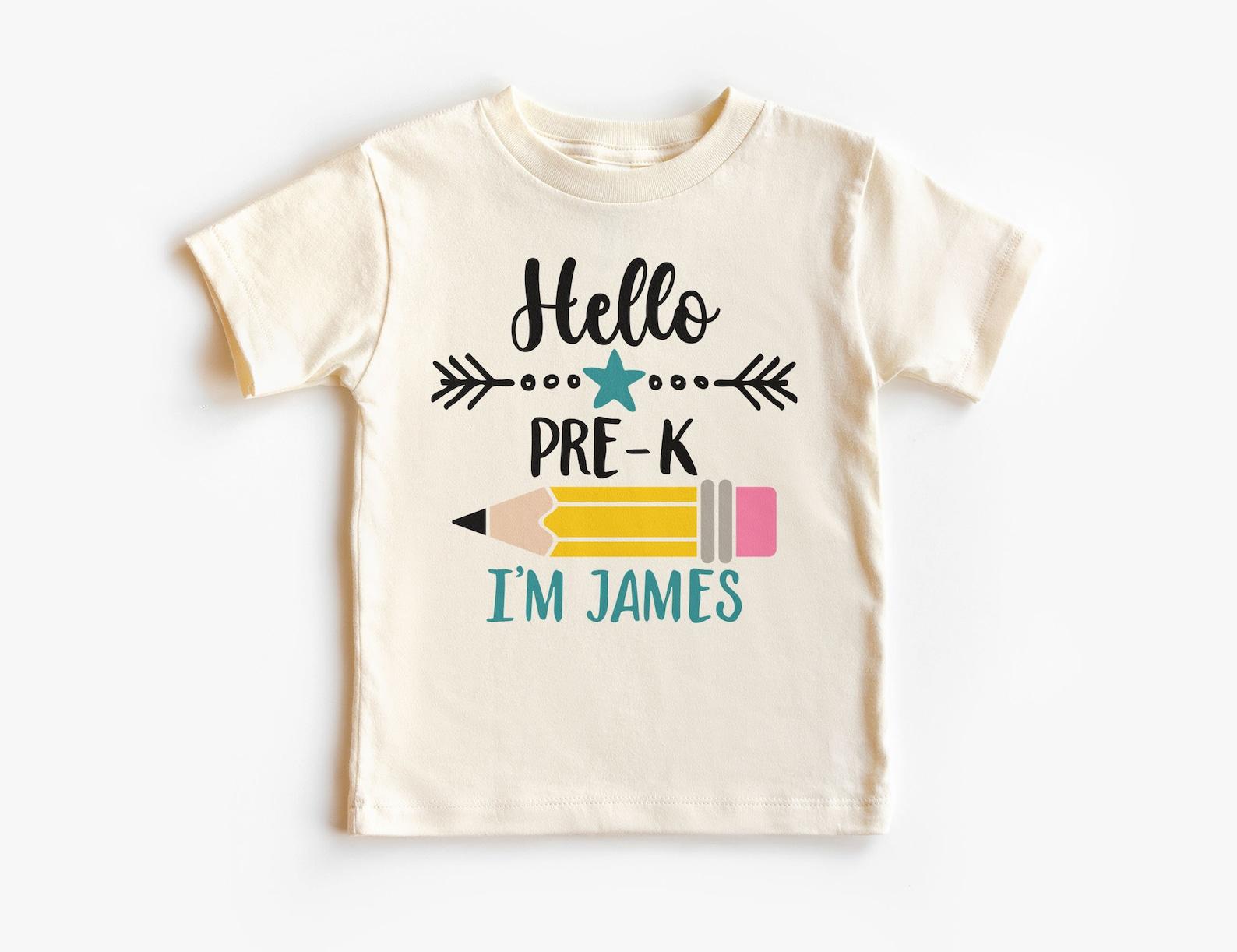 Personalized Hello Pre-K Boys Shirt, Custom Childs Name Pencil Star Tee, Back To School Pre Kindergarten Outfit, Unisex Youth Kids Clothing 160