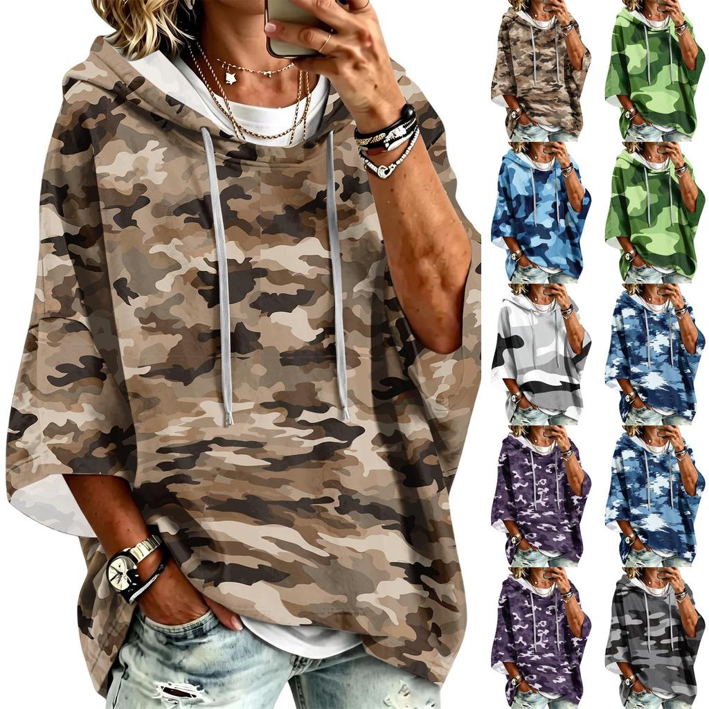 Damen lässiger Kapuzenpullover mit Camouflage-Print und Dreiviertelärm