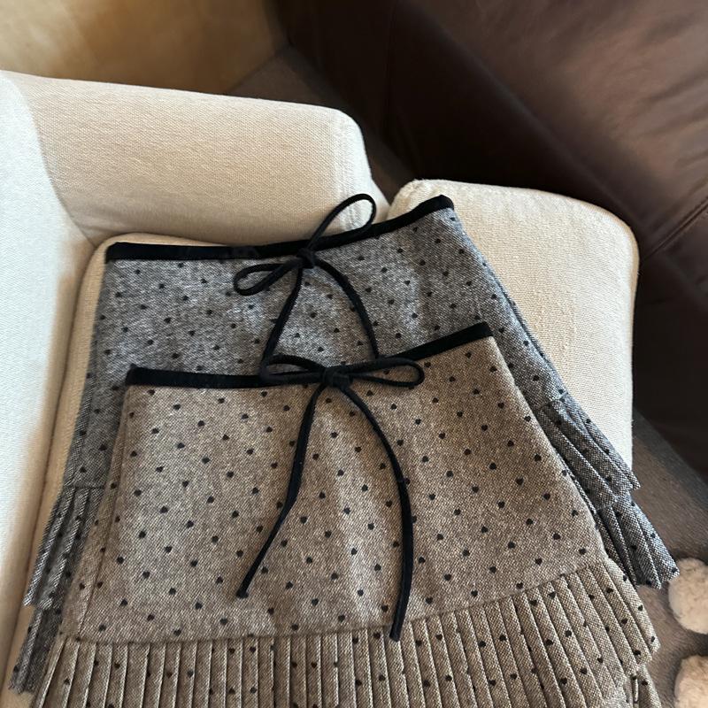 Korean Grey Polka Dot Woolen High-Waisted Mini Skirt with Bow Knot