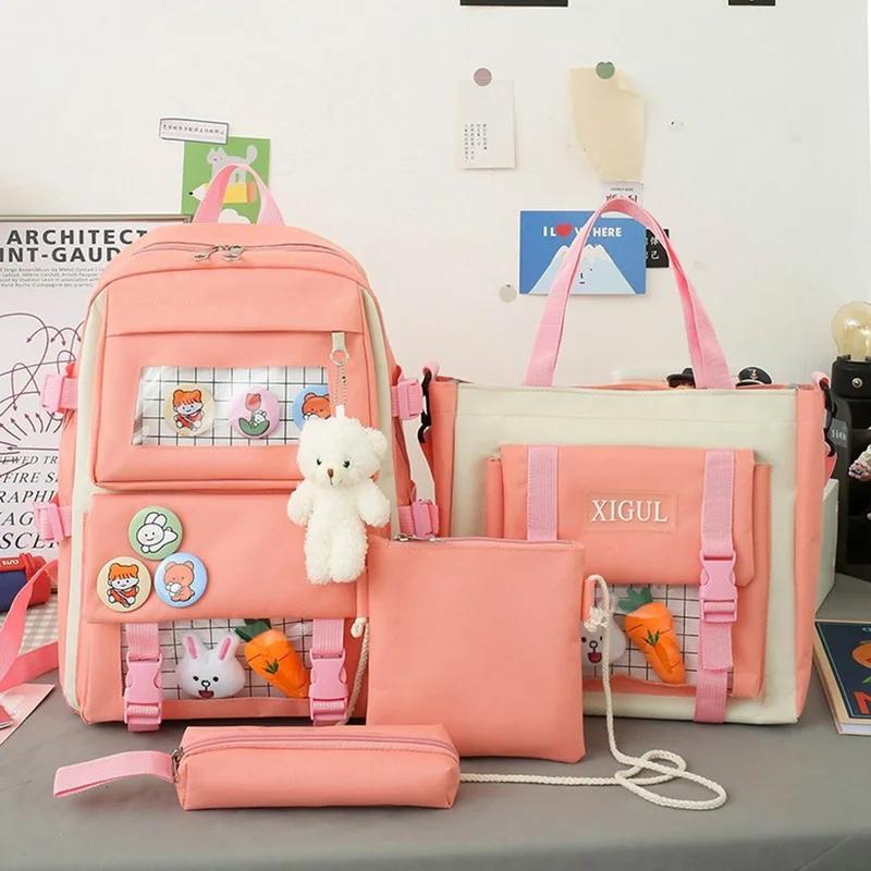 5pcs Sets Children's School Backpack Kawaii Women's Bagpack Bookbag Laptop Bag for Teens Girls  Students Totes Sac
