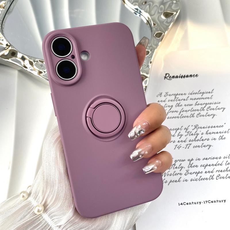 

Однотонный мягкий силиконовый матовый чехол для iPhone 16 Pro 15 Pro Max 14 Plus 13 12 11 XS XR 8 7 с держателем кольца, противоударная защита объектива телефона iPhone 12 фиолетовый