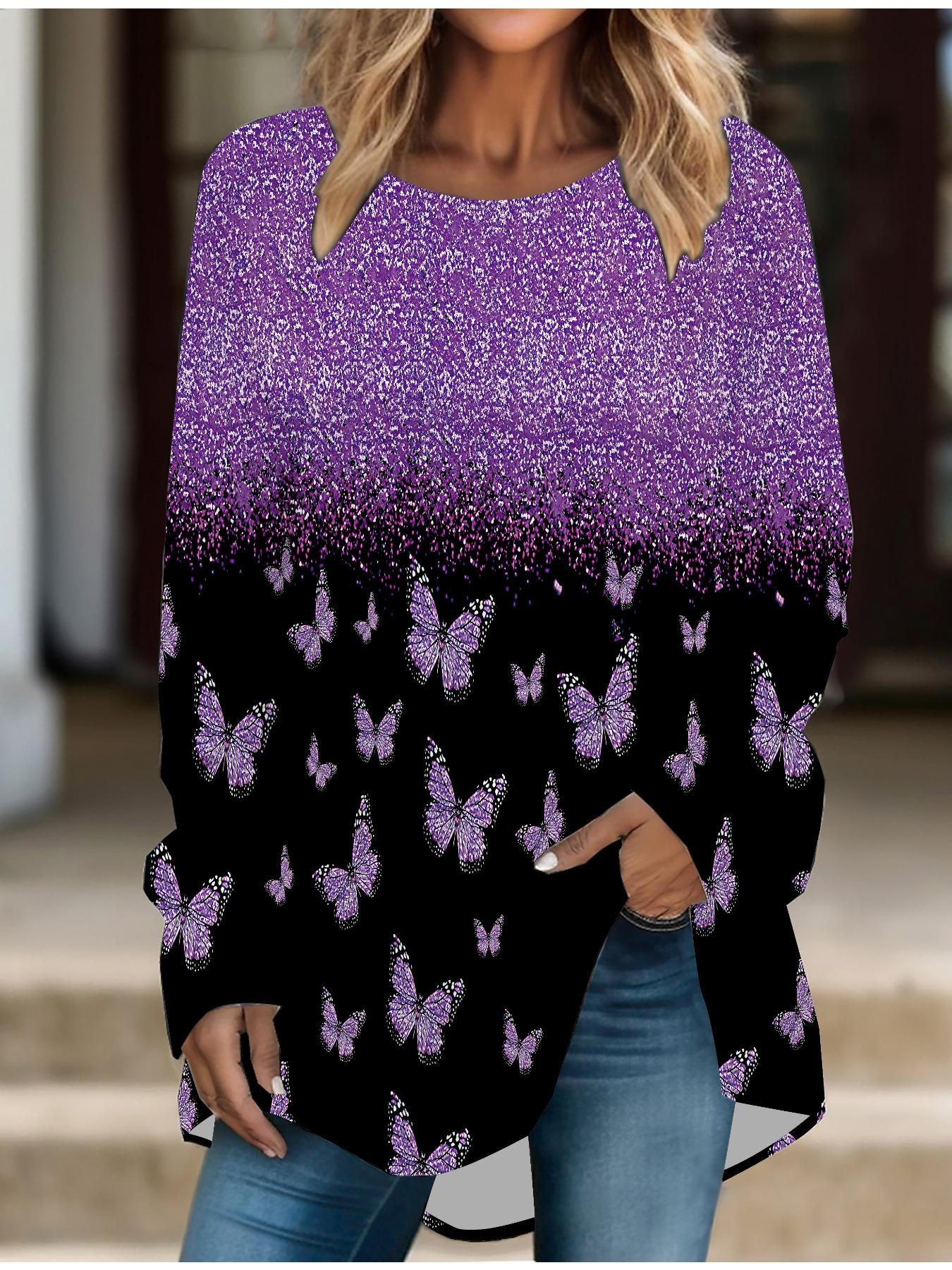 

Женская футболка больших размеров на весну с принтом бабочек, удобная, с длинным рукавом и круглым вырезом, повседневная, свободная, средней длины 8XL фиолетовый
