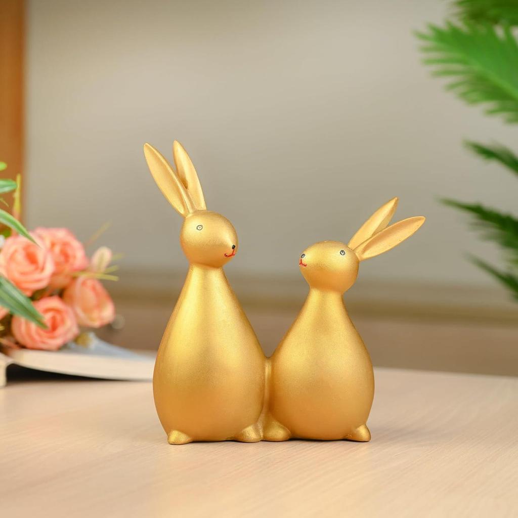 Golden Rabbit Pair Figurines – Decorative Bunny Statues for Home, Office, and Gifting | Stylish Feng Shui Decor for Living Room