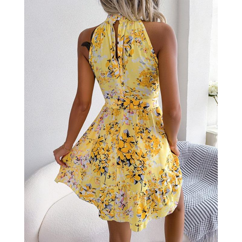 YYFS Women's Fashion Summer Spring Flower Pattern Print Sleeveless Hanging Neck High Waist Casual Dresses