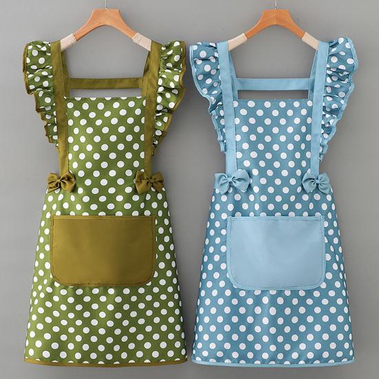 Twill Cotton Apron with Polka Dot & Ruffle Straps Water-Resistant Kitchen Apron for Cooking Baking Breathable Large Front Pocket Home Apron