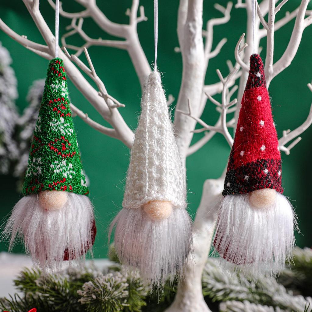3-Piece Christmas Gnome Plush Santa Doll Knit Fabric Christmas Tree Hanging Ornaments Gnomes Elf Decorations Gifts New Year