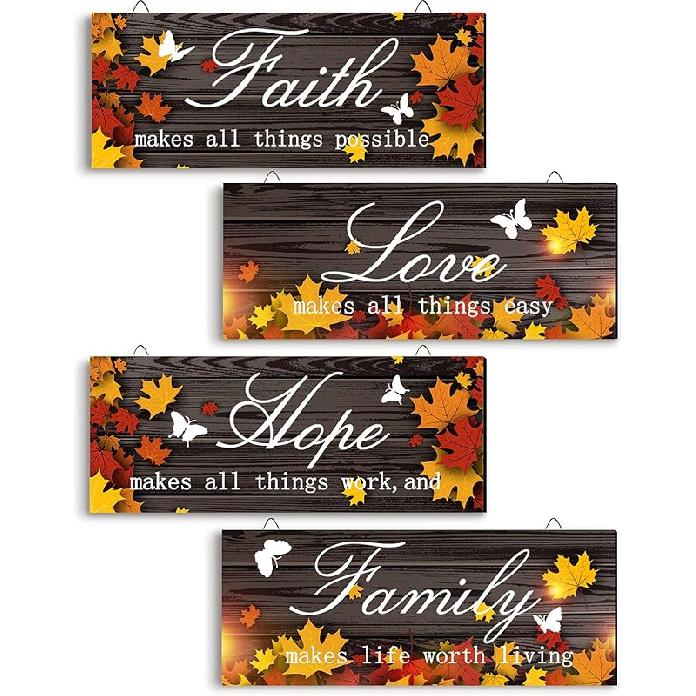 4 Pieces Thanksgiving Fall Door Decoration Maple Door Plaque Faith Hope Family Wood Sign Maple Leaf Hanging Sign Rustic Farmhouse Hanging Decor for Pretty Style